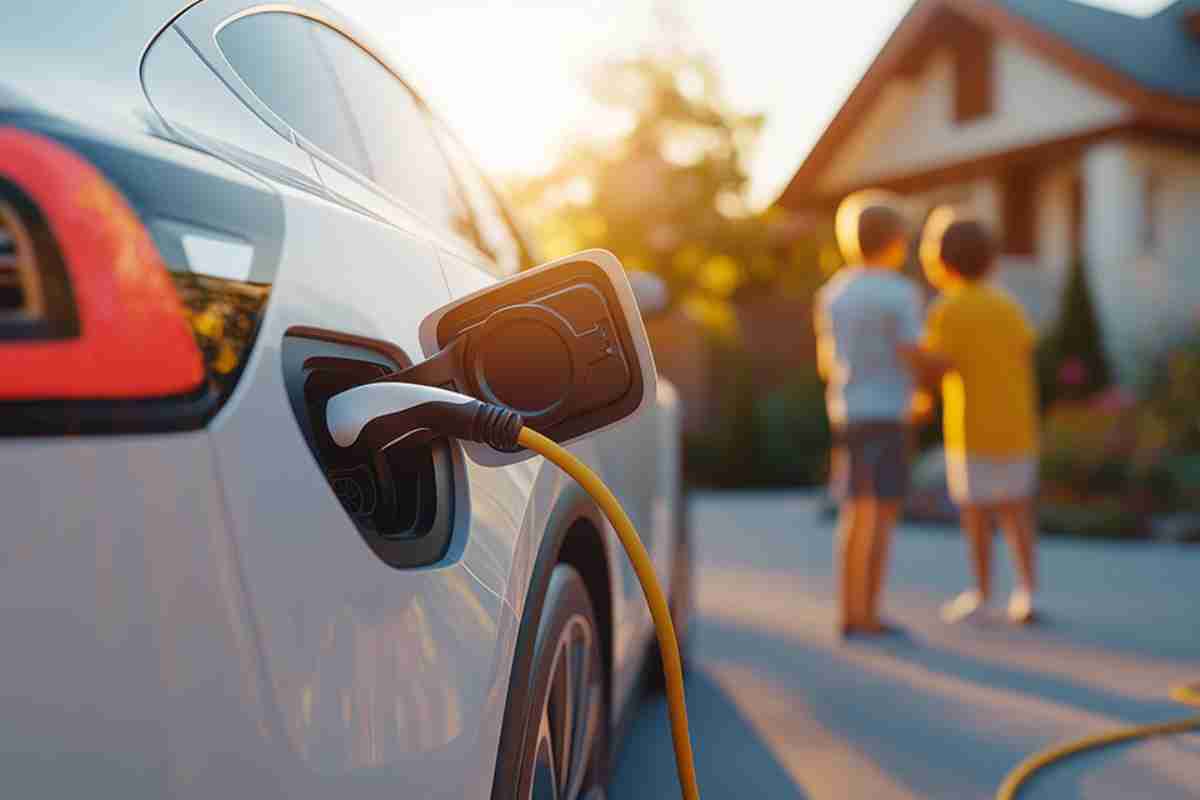 © Wild Dream - stock.adobe.com E-Auto wird aufgeladen im Hintergrund zwei Kinder